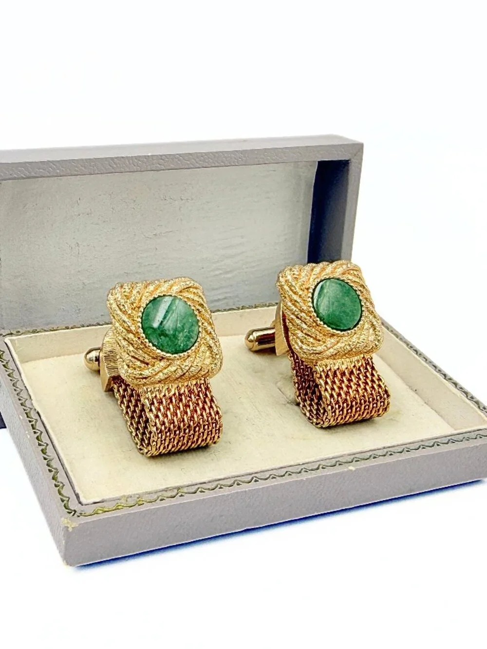 Distinguished MCM Textured Gold Plated Mesh Nephrite Jade Cufflinks